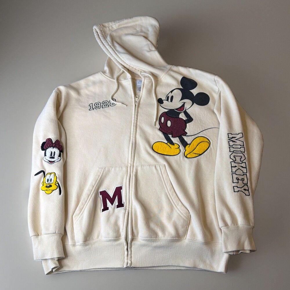 Disney Mickey Mouse Zip Hoodie Unisex XL Ivory Embroidered Mickie Minnie Pluto